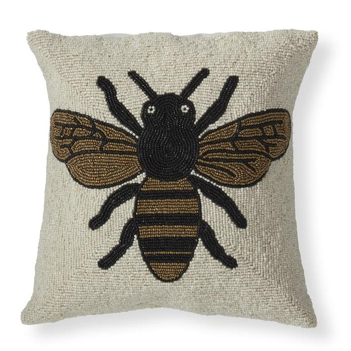 14 Inch Handcrafted Glass Beaded Bee Square Pillow