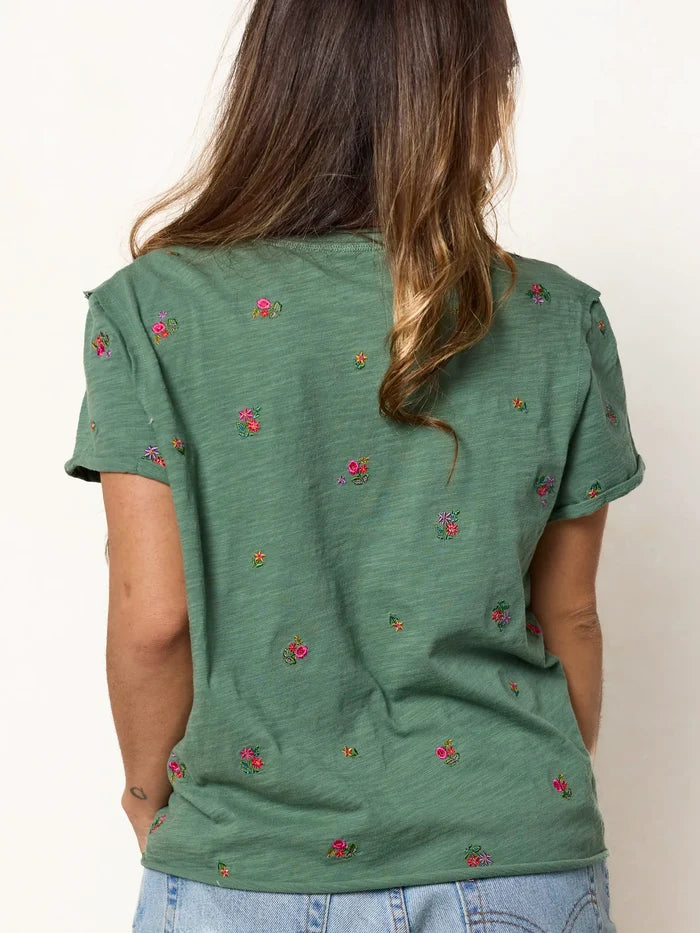 Aiden Embroidered Cotton Tee - Olive Flowers-view 4