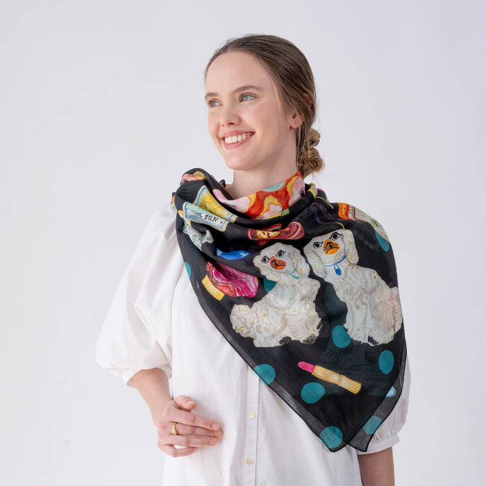 betsy olmsted scarf, little things scarf, vintage inspired scarf, bohemian scarf, silk style scarf, art scarf, collectible inspired fashion, statement scarf, giftable accessories