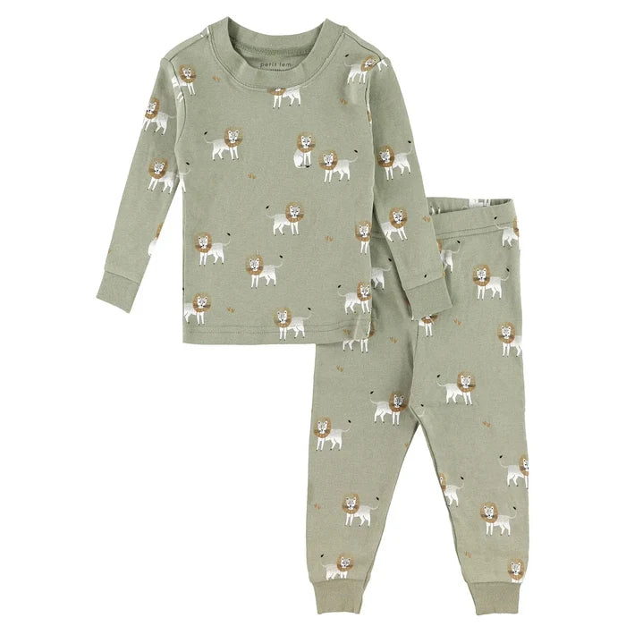 Petit Lem boys Lion print pajama set in Sage Green with matching cotton pants and cuffed jogger legs.
