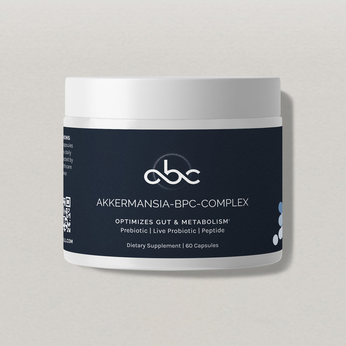 Front view of InfiniWell Akkermansia-BPC Complex supplement jar for gut and metabolism support, 60 capsules.