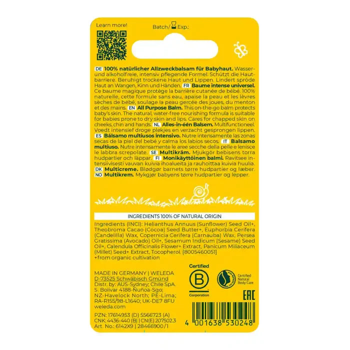 Back of all purpose balm packaging with text and branding on a white background