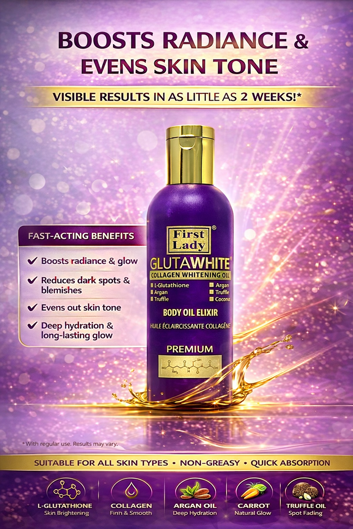 First Lady Glutawhite Collagen Skin Brightening Oil 200ml | Glow Boosting Body Oil with Glutathione, Argan, Carrot & Lemon | Hydrating Radiance Formula