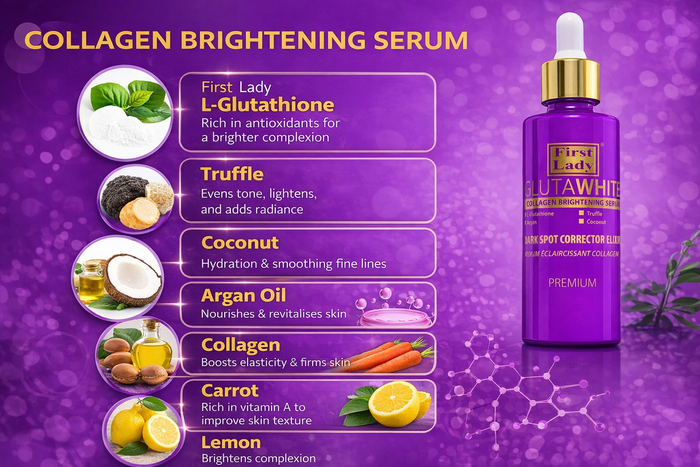 First Lady Glutawhite Collagen Skin Brightening Serum 60ml | Glow Boosting Face Serum with Glutathione, Argan & Coconut Oil | Hydrating Radiance Formula