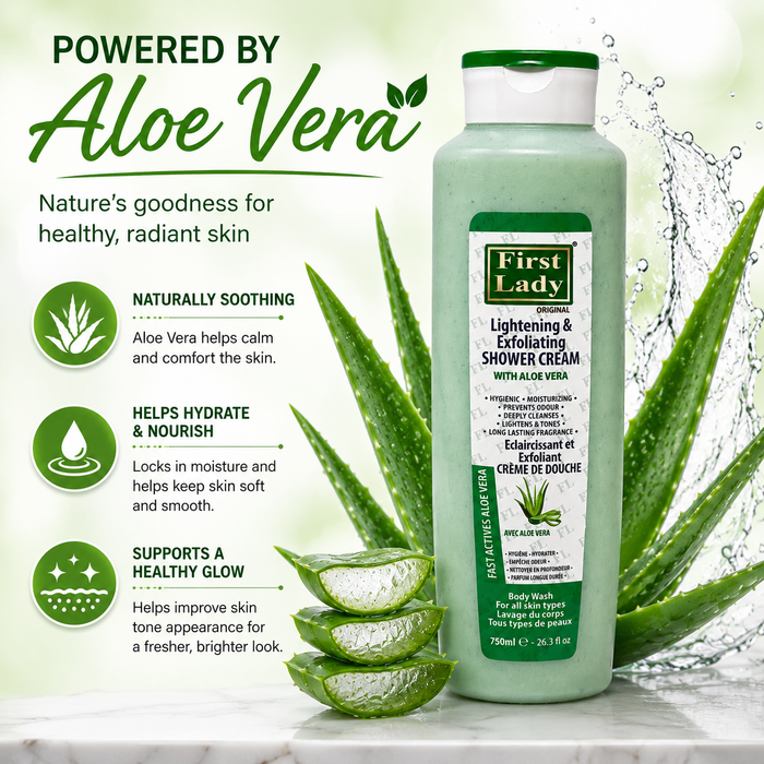 First Lady Skin Brightening Aloe Vera Body Wash 750ml | Niacinamide & Cocoa Butter Shower Cream for Soft Glowing Skin