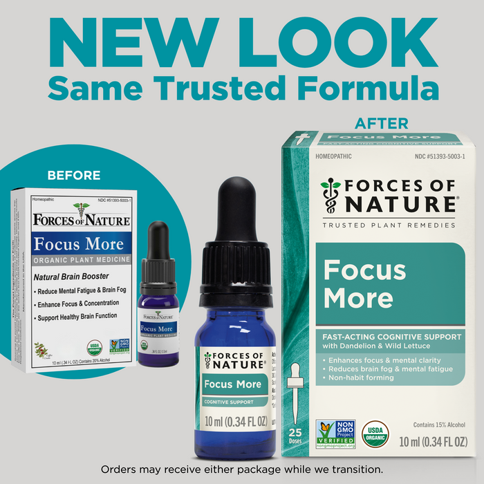 Promotional banner showing NEW LOOK Same Trusted Formula with Focus More 10 ml bottle and before-and-after packaging