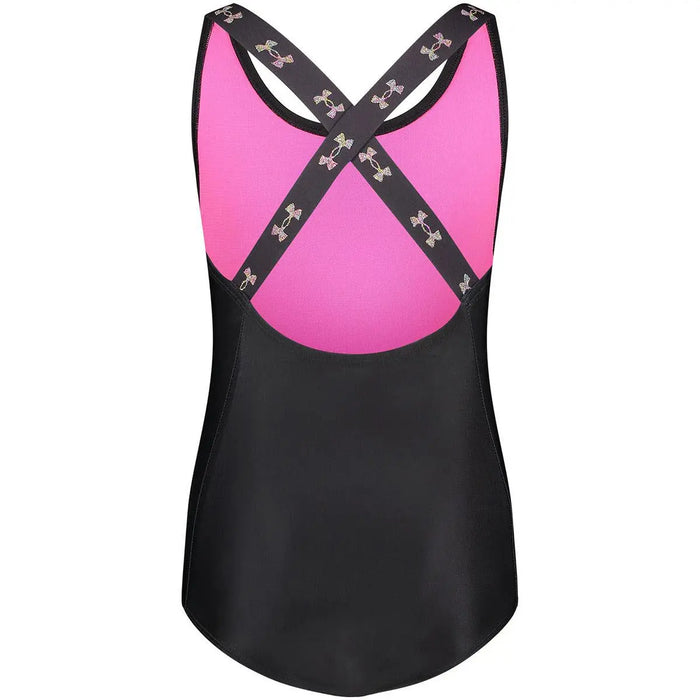Back view of Under Armour girls Black/Pink one-piece swimsuit with crossed racerback straps