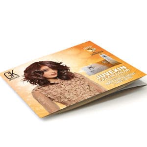 GK Hair Folding Formulation Chart, orange folded booklet titled Juvexin Cream Color with a model with wavy auburn hair