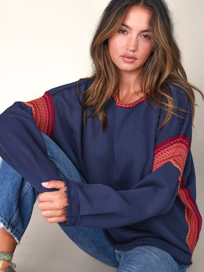 Knit Trim Sweatshirt - Navy-view 5