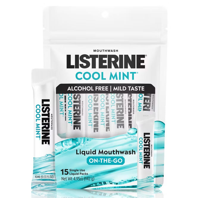 Listerine On-The-Go Alcohol-Free Cool Mint Mouthwash Packets x15