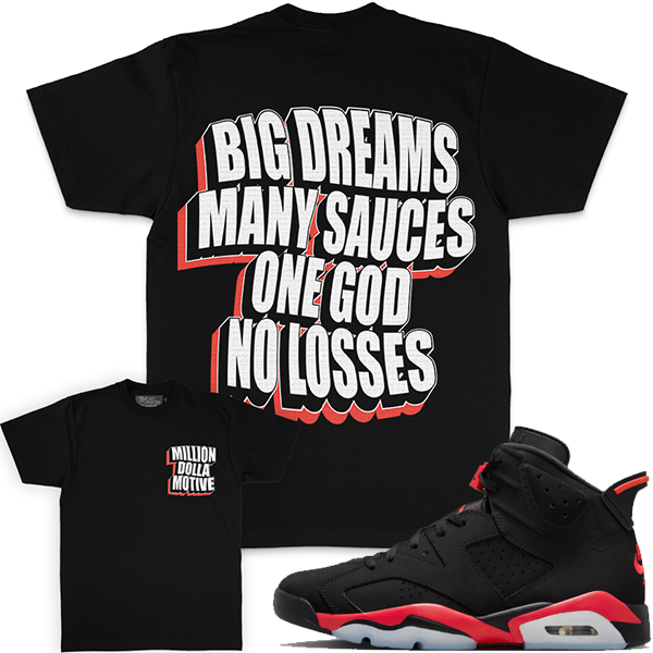 MILLION DOLLA MOTIVE "BIG DREAMS MANY SAUCES" T-SHIRT - BLACK/INFRARED