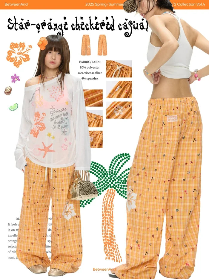 Orange checkered stars print pants