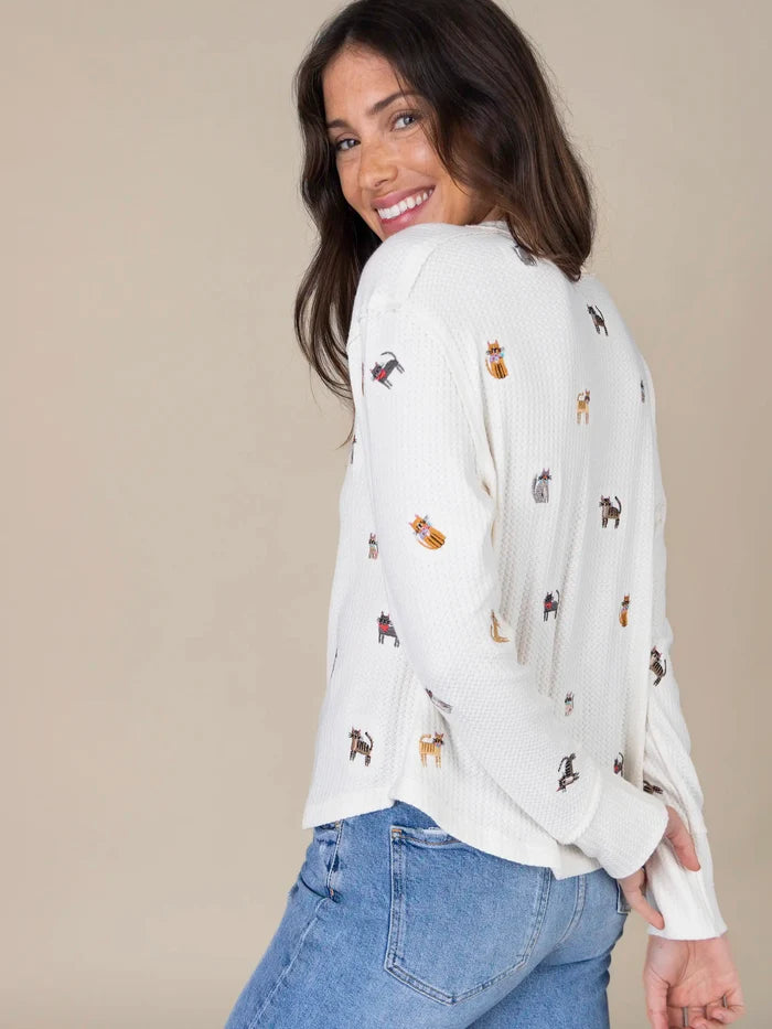 Parker Embroidered Thermal Tee - Cream Cats-view 4