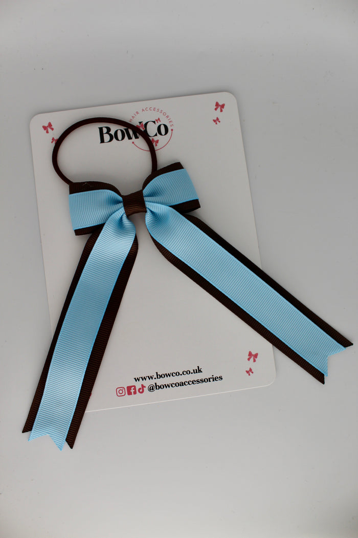 School Bow Blue Topaz and Brown - Tuxedo Tails Bow - Elastic