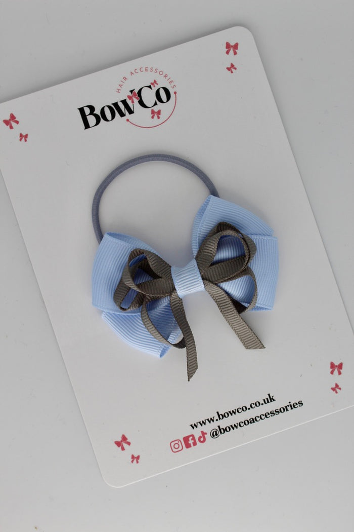 School Bow Bluebell and Metal Grey - 2.5 Inch Double Bow - Elastic