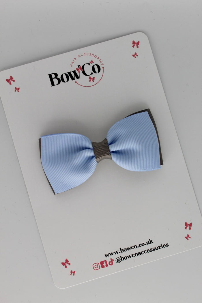 School Bow Bluebell and Metal Grey - Double Lapel - Clip