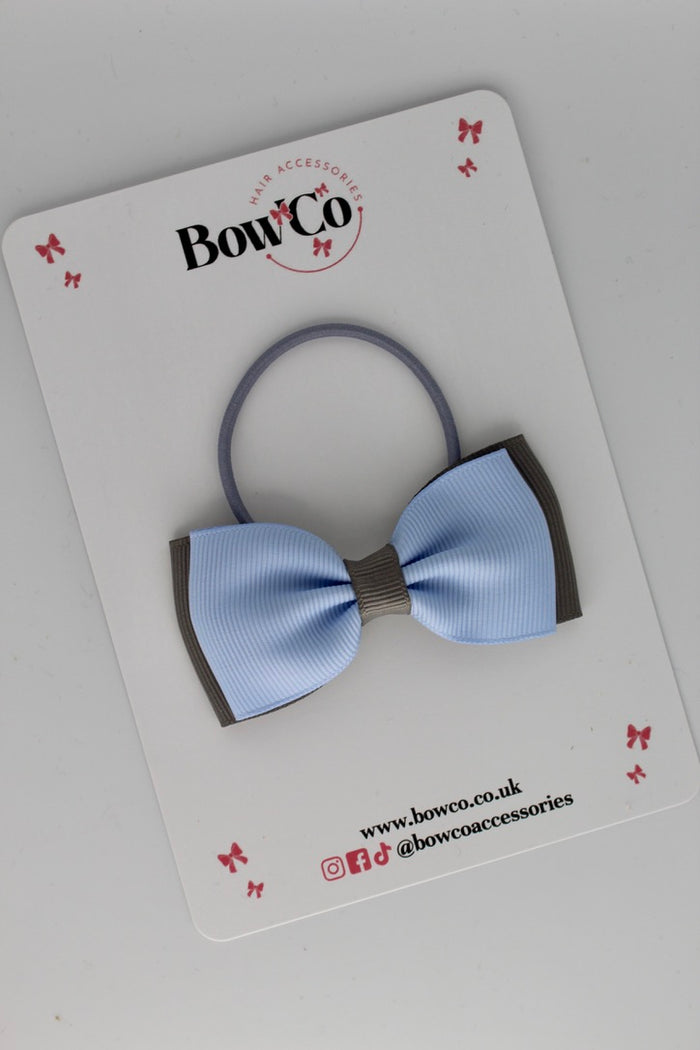 School Bow Bluebell and Metal Grey - Double Lapel Bow - Elastic