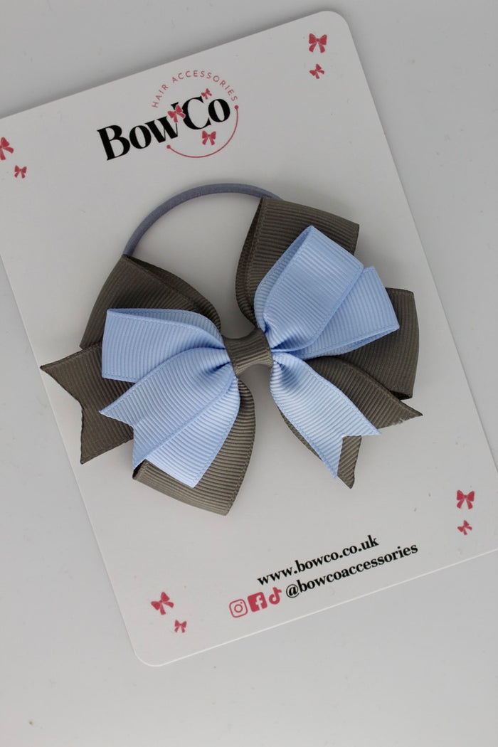 School Bow Bluebell and Metal Grey - Double Tail Bow - Elastic