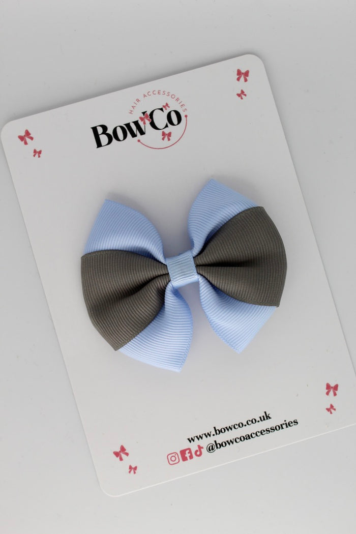 School Bow Bluebell and Metal Grey - Round Tuxedo Bow Set - Clip