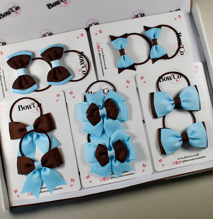 School Bow Bundle Saver - 10 Pack - Blue Topaz and Brown - Elastic