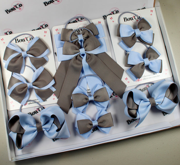 School Bow Bundle Saver - 10 Pack - Bluebell and Grey - Elastic