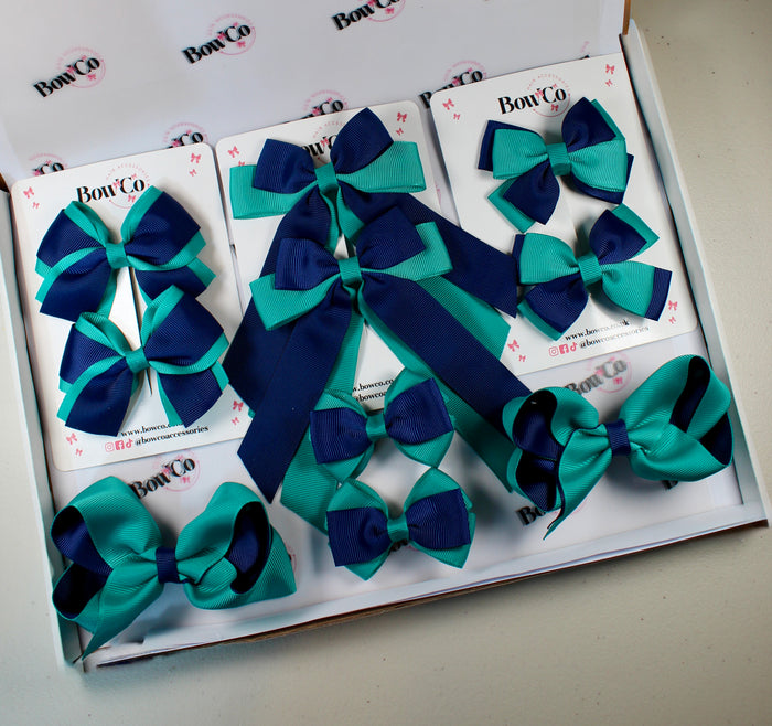 School Bow Bundle Saver - 10 Pack - Jade Green and Navy Blue - Clip
