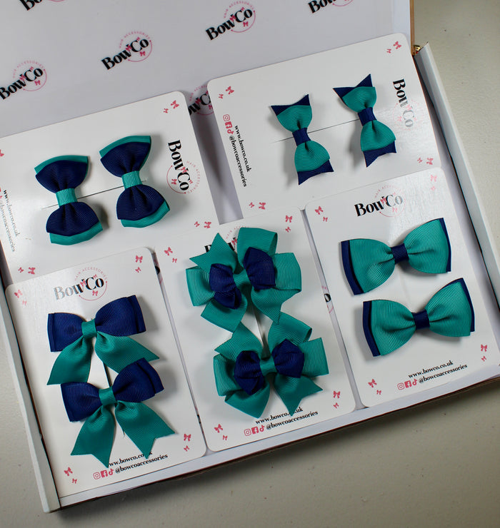 School Bow Bundle Saver - 10 Pack - Jade Green and Navy Blue - Clip