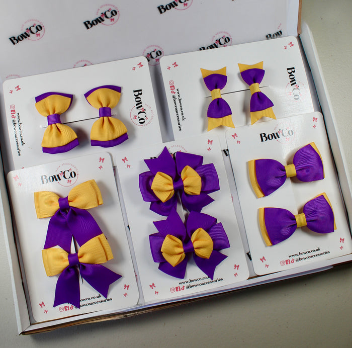 School Bow Bundle Saver - 10 Pack - Purple and Yellow Gold - Clip