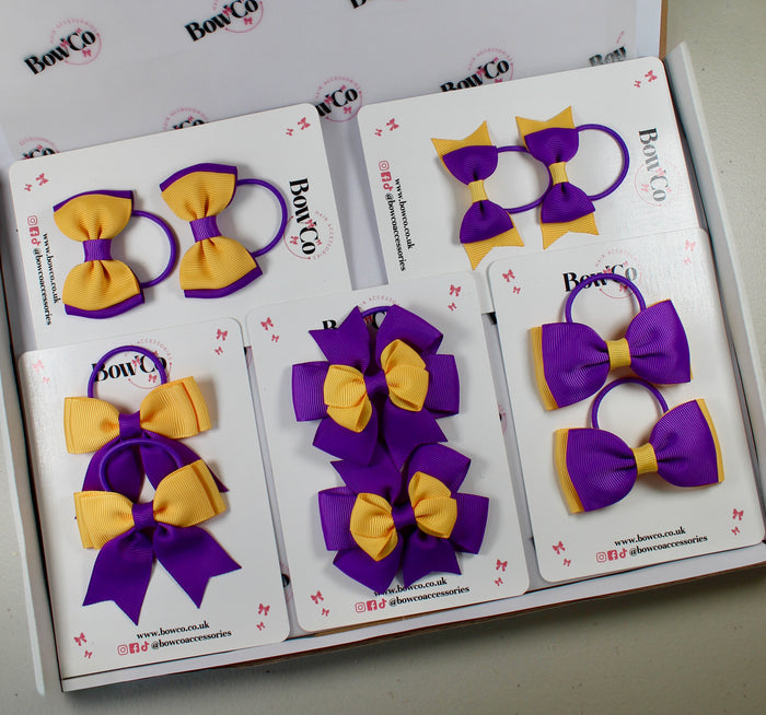 School Bow Bundle Saver - 10 Pack - Purple and Yellow Gold - Elastic