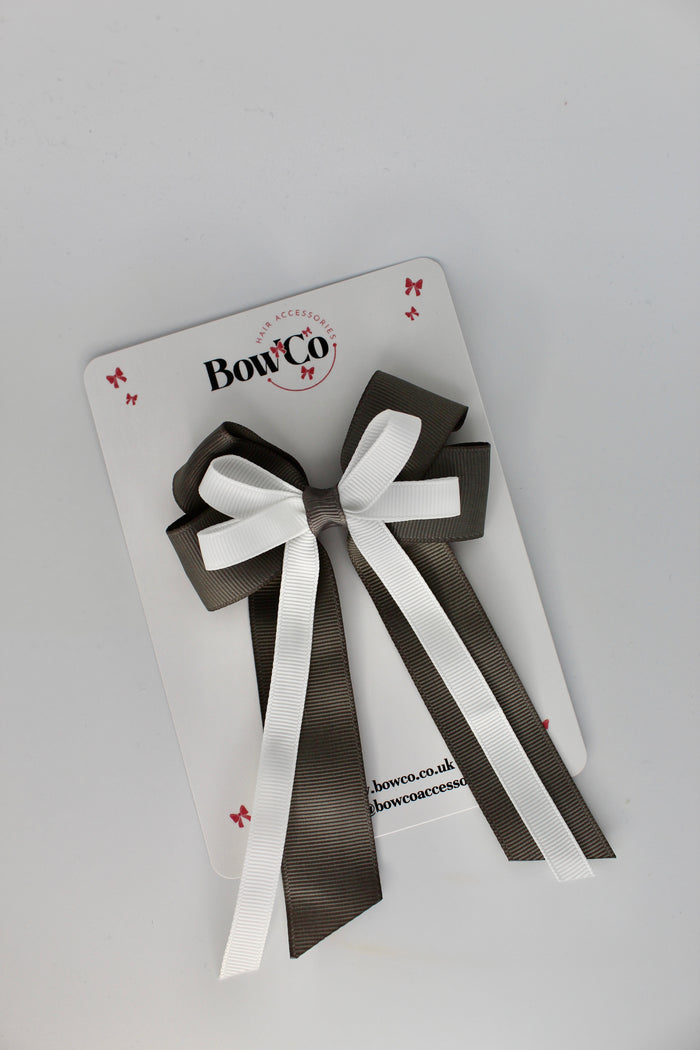 School Bow Metal Grey and White - Loop Bow Tail Clip