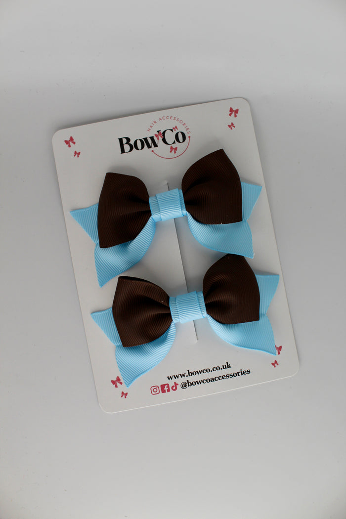 School Bows Blue Topaz and Brown - Bow Tail Set - Clip