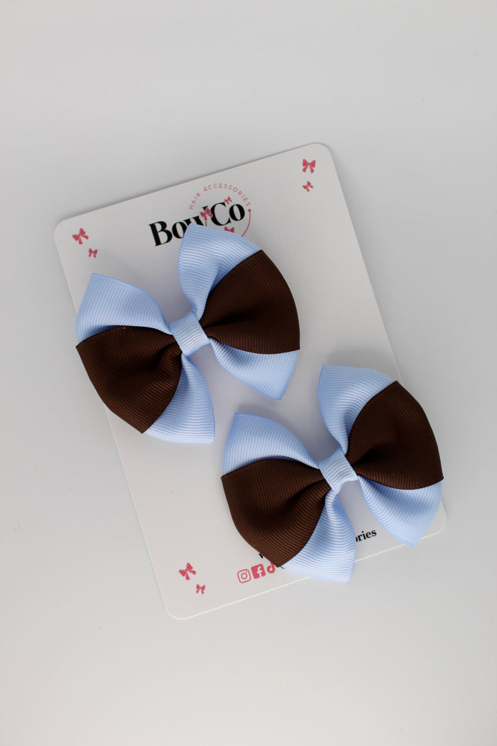 School Bows Bluebell and Brown - Round Tuxedo Bow Set - Clip