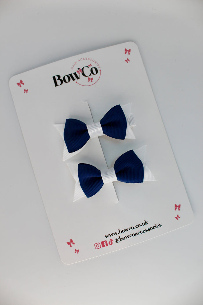 School Bows Navy Blue and White - Layer Tail Bow Set - Clip