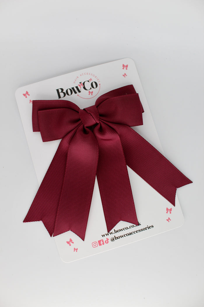 School Burgundy Double Ribbon Tail Bow – Clip