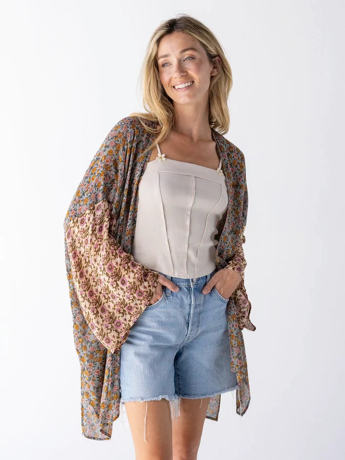 Sierra Mixed Print Kimono - Pink Mustard Floral-view 2