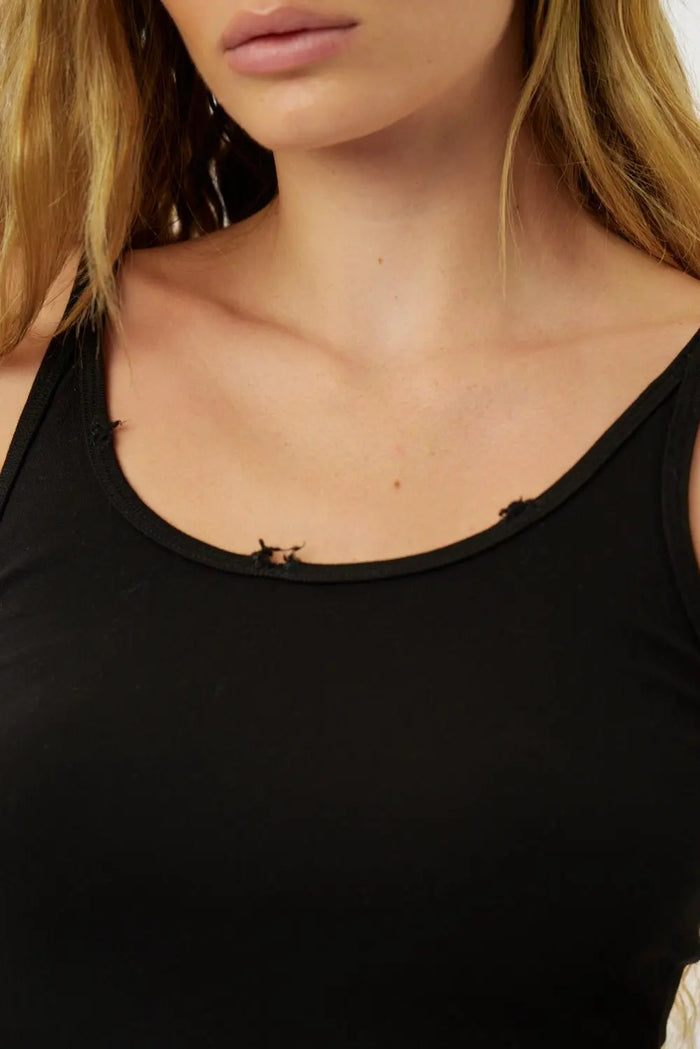 Close up of a woman wearing a black Slim Cotton Tank Top