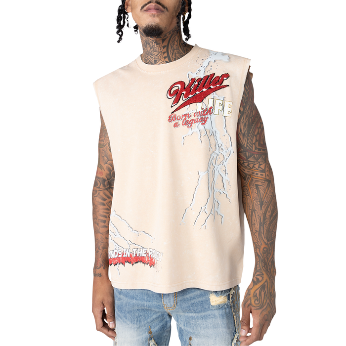 SMOKE RISE "KILLER LIFE " RHINESTONE SLEEVELESS SHIRT - KT25274 - CLAY