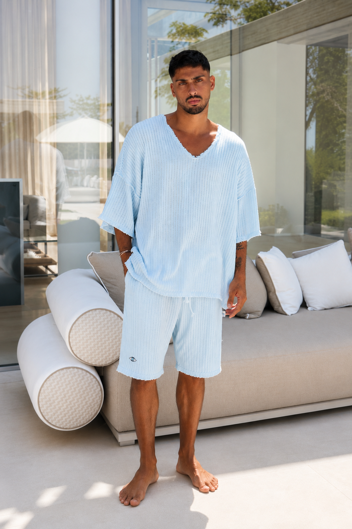 Striped Knit Shorts – Light Blue