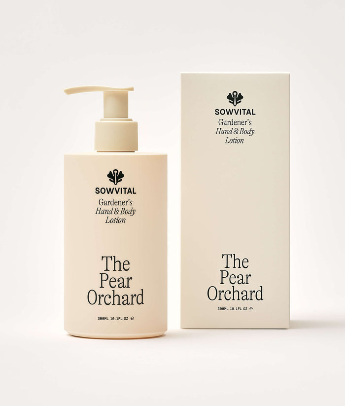 Sowvital 'The Pear Orchard' hand and body lotion with pump and packaging on a white background