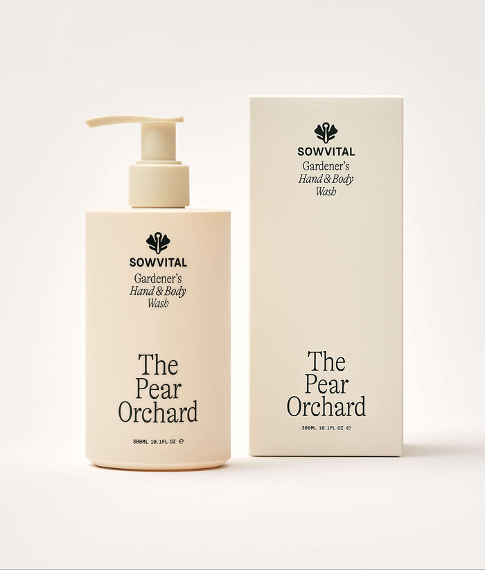 Sowvital 'The Pear Orchard' hand and body wash bottle and packaging on a white background