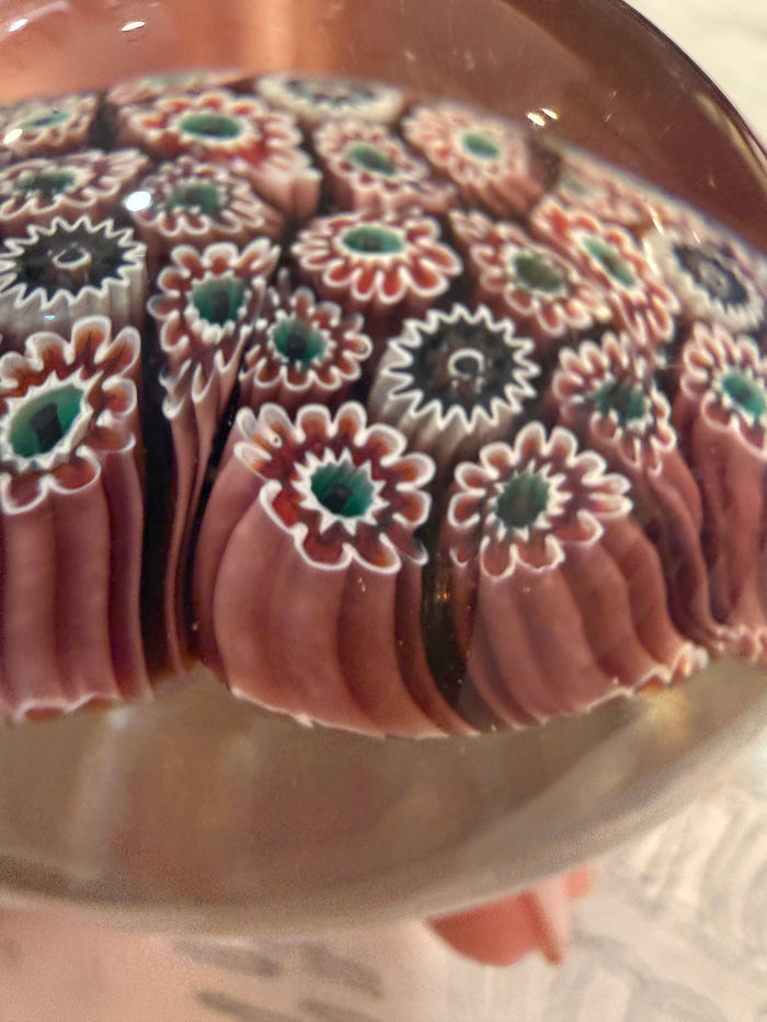 murano paperweight, millefiori paperweight, vintage murano glass, Italian art glass, burgundy glass decor, collectible glass paperweight, murano millefiori, vintage Italian decor, bookshelf decor, coffee table styling, collectible art glass, grandmillennial decor, maximalist home decor, vintage collectible, Italian glass collectible, decorative object, colorful home accessories, murano collectible, vintage home accents, art glass decor