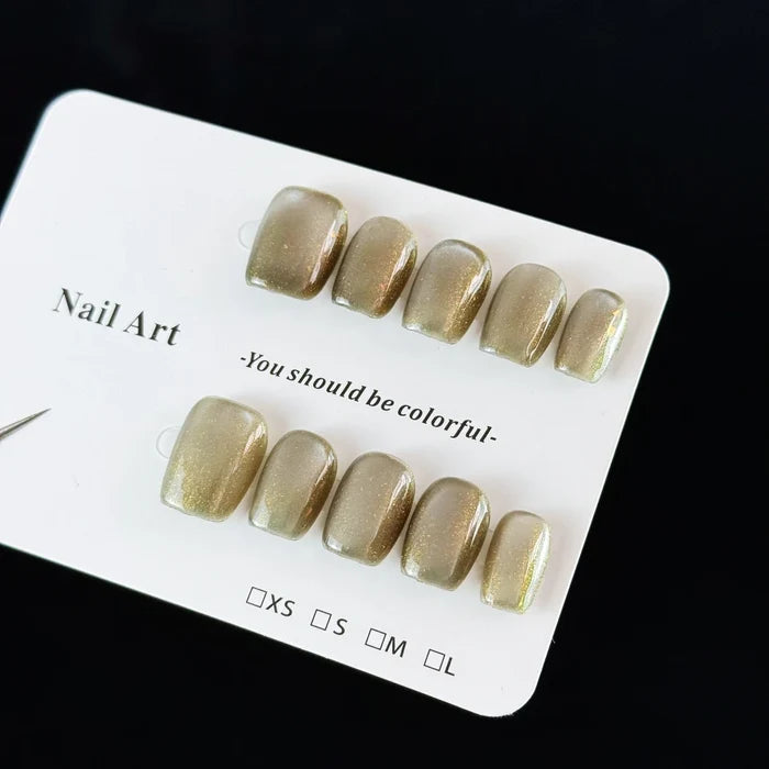 10pcs high-end Simple and elegant style, hand-painted dark green, dazzling cat eyes handmade fake nails