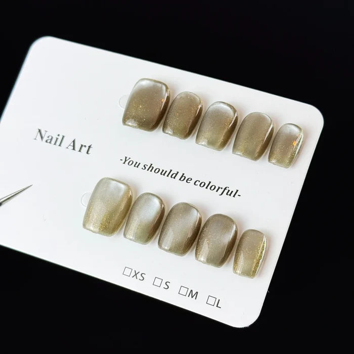 10pcs high-end Simple and elegant style, hand-painted dark green, dazzling cat eyes handmade fake nails