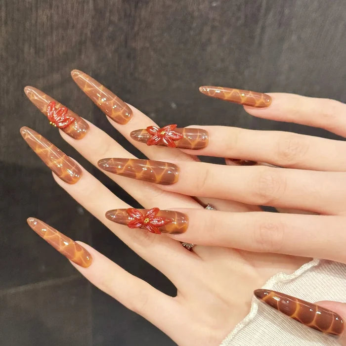 10PCS Stiletto Handmade Press On Nails,Retro Luxury Style,Suitable For Festivals Parties And Daily Wear.