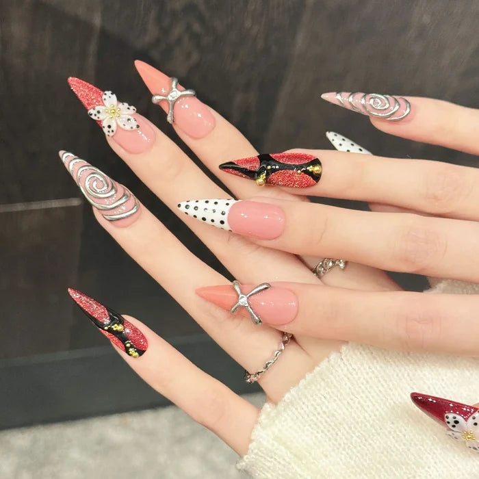 10PCS Stiletto Handmade Press On Nails,Sweet And Cool Style,Suitable For Festivals Parties And Daily Wear.