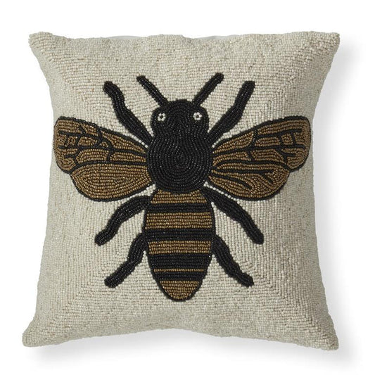 14 Inch Handcrafted Glass Beaded Bee Square Pillow