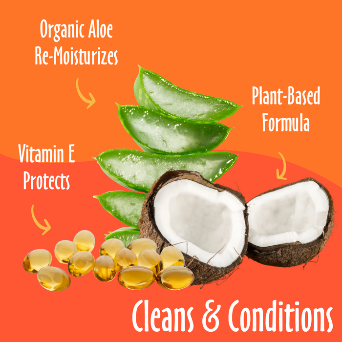 Cleans & Conditions elements like Vitamin E, Organic Aloe, Plant-Based and their benefits.