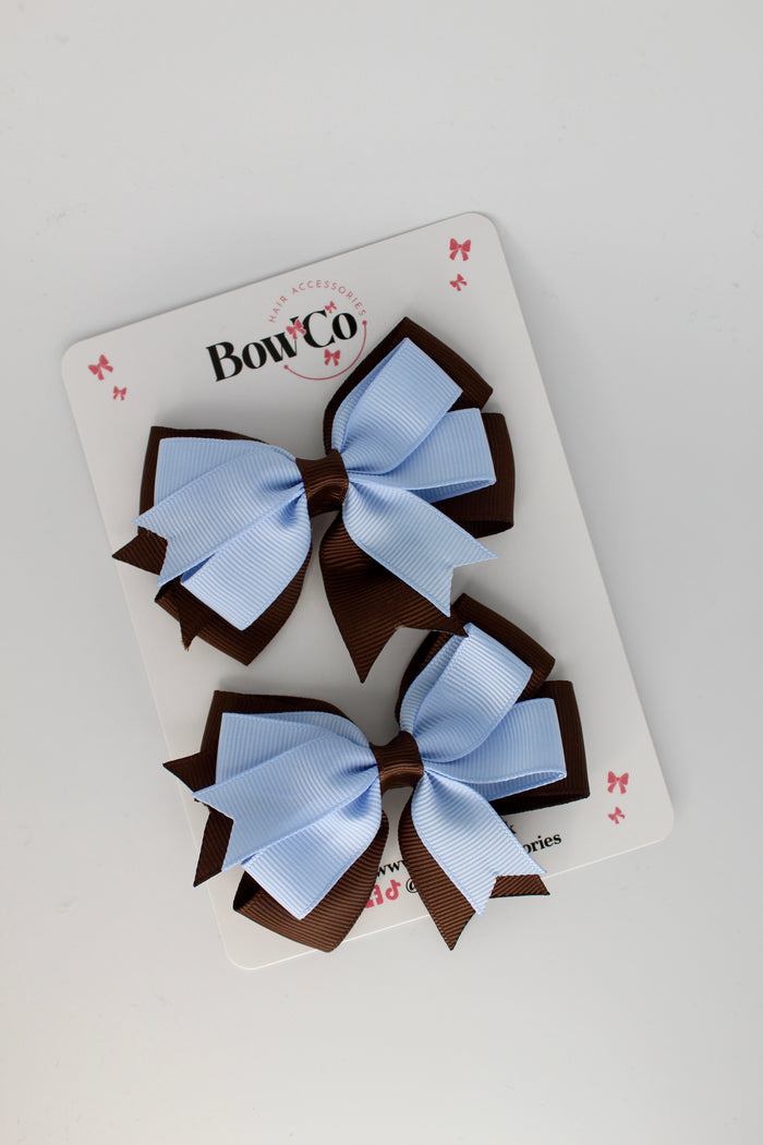 3 Inch Double Tail Bow Set - Clip - Bluebell and Brown