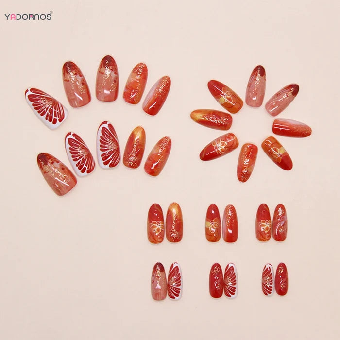 30Pcs Red Flower Press On Nails With Glitter Glossy Artificial Nails For Party Wedding