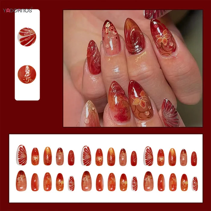 30Pcs Red Flower Press On Nails With Glitter Glossy Artificial Nails For Party Wedding